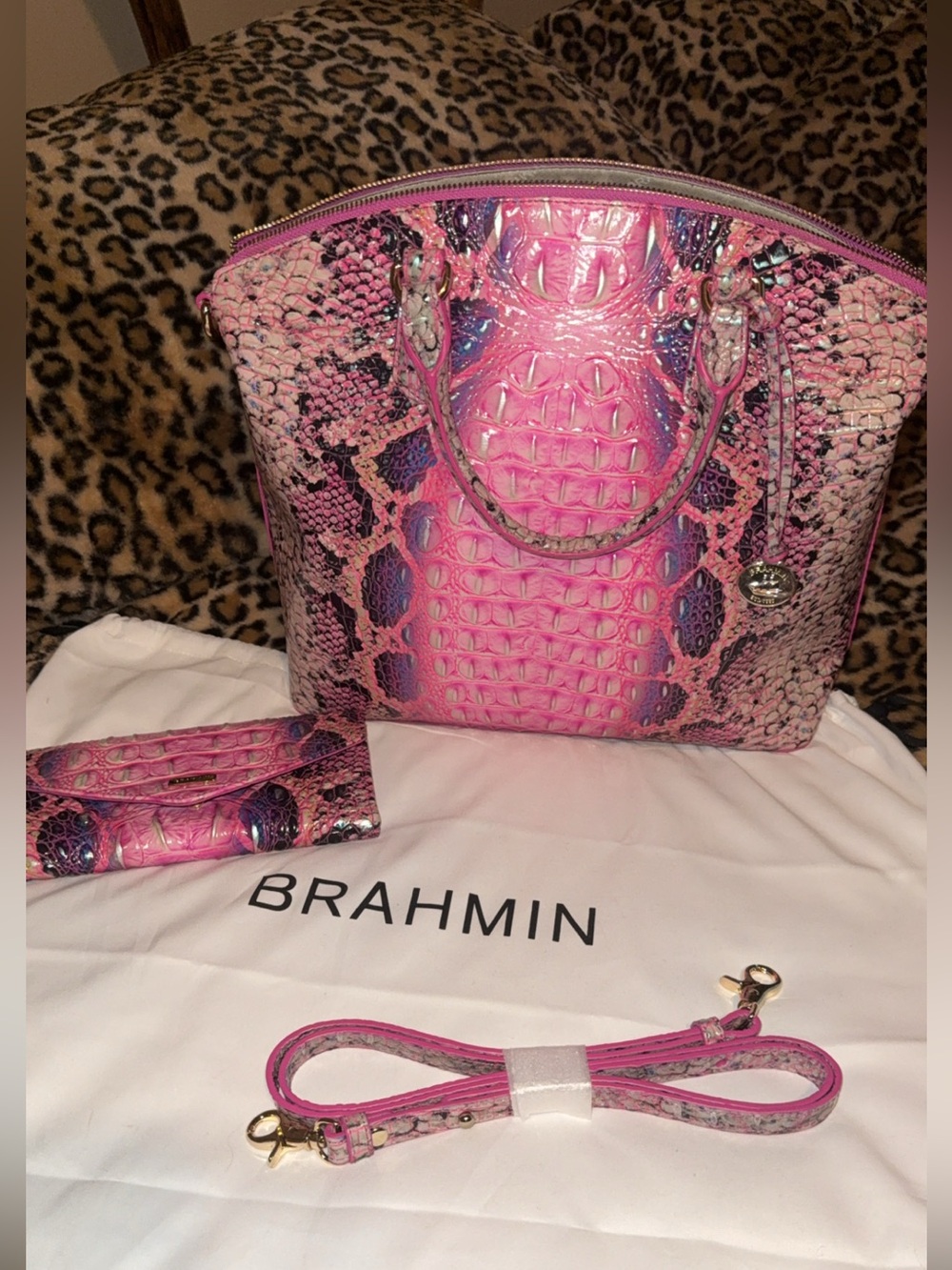 Brahmin Pink Python/Croc-Embossed Large Duxbury Bag & Matching Wallet BRAND NEW🩷